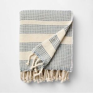 Threshold Studio McGee Decorative Throw Blanket Border Stripe Blue Cream 50"x60"